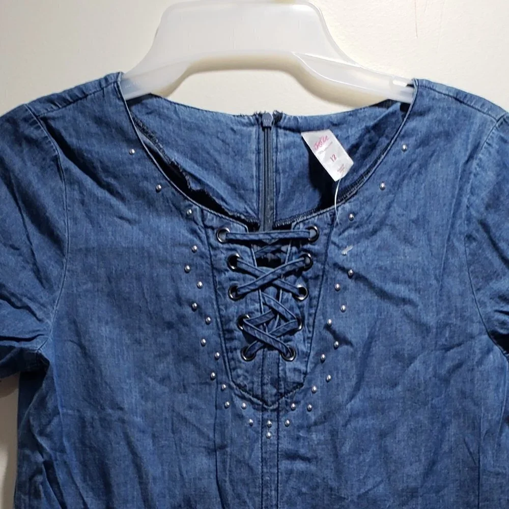 Justice Girls Ombré Chambray Lace-Up Dress – Size 12 – Short Sleeve Denim Look